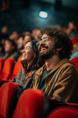 Middle-aged man with curly brown hair and a beard, smiling and watching a movie in a theater with a woman sitting next to him