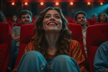 Young woman with long curly brown hair wearing an orange shirt, smiling and sitting in a movie theater with red seats and lights in the background