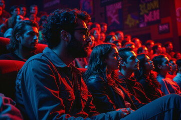 People sitting in a dark theater watching a show on stage