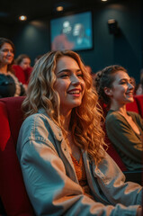 Young Caucasian woman with long, curly blonde hair wearing a light blue jacket, smiling and sitting in a movie theater