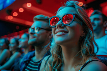 Young woman with long blonde hair wearing large red-framed glasses, smiling and sitting in a movie theater
