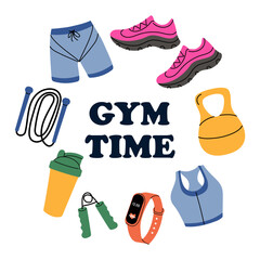 Brightly colored gym equipment and apparel arranged in a circular design with playful Gym Time text