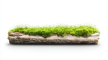 Fototapeta premium Moss-covered log with vibrant greenery on a white background showcasing nature's beauty and simplicity