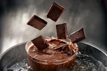 Chocolate pieces falling into a glass bowl in a water bath for melting, copy space, selected focus