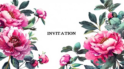 Elegant floral invitation design featuring pink peonies and lush green leaves for a spring or summer event