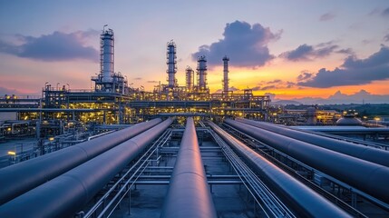 Industrial Oil Refinery at Sunset with Dramatic Sky and Illuminated Pipelines in a Vast Landscape