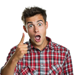 Young surprised man pointing right with his finger  isolated on transparent background Generative AI
