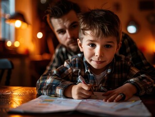 Parents helping with homework, vibrant colors, indoor setting, photography, supportive