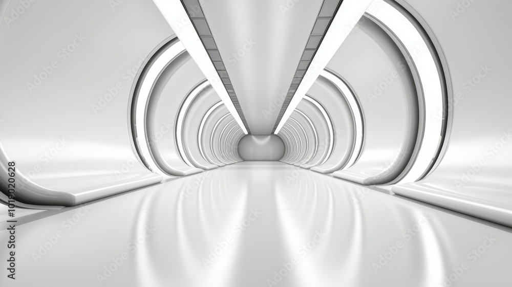 Poster futuristic white tunnel with smooth curves and reflective surface illuminated by soft lights
