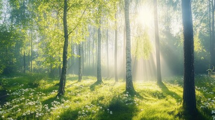 Obraz premium Sunlight streams through a birch forest, illuminating a field of wildflowers.
