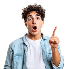 Young surprised man pointing right with his finger  isolated on transparent background Generative AI