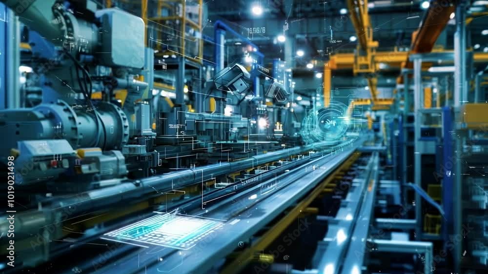 Poster robotic arms assemble a machine in a modern factory with a digital interface, blending physical and 