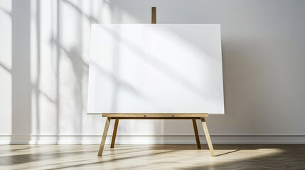 Large Blank White Canvas on Wooden Easel with Soft Shadows in Minimalist Studio