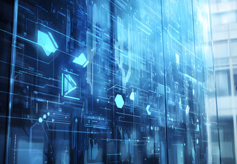 Naklejka premium Creative digital blue circuit grid on blurry office interior background design. Landing page concept. Technology, innovation design. Double exposure design