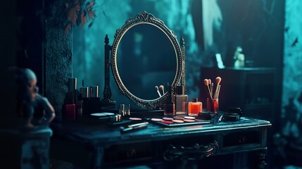A vanity mirror reflecting Halloween makeup palettes, brushes, and eerie accessories in a dark, atmospheric room