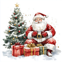 Watercolor image of Santa Claus with gifts by the Christmas tree © Vitalii