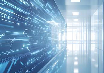 Creative digital blue circuit grid on blurry office interior background design. Landing page concept. Technology, innovation design. Double exposure design