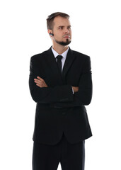 Young bodyguard in suit with earpiece isolated on white