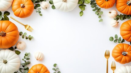 A beautifully arranged autumn dinner table showcases a flat lay of pumpkins, lush greenery, and pristine white plates, perfect for festive gatherings and celebrations