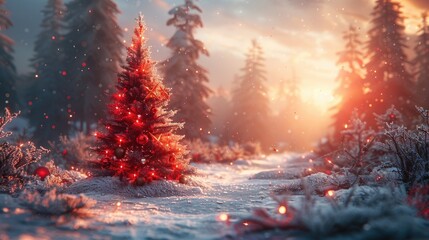 Art Merry Christmas and Happy Holidays greeting card, frame, banner. decorated Christmas tree in winter forest. New Year. Noel. copy space