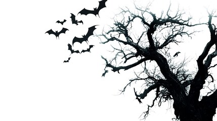 Obraz premium Black bat silhouettes flying around a haunted tree on a white background