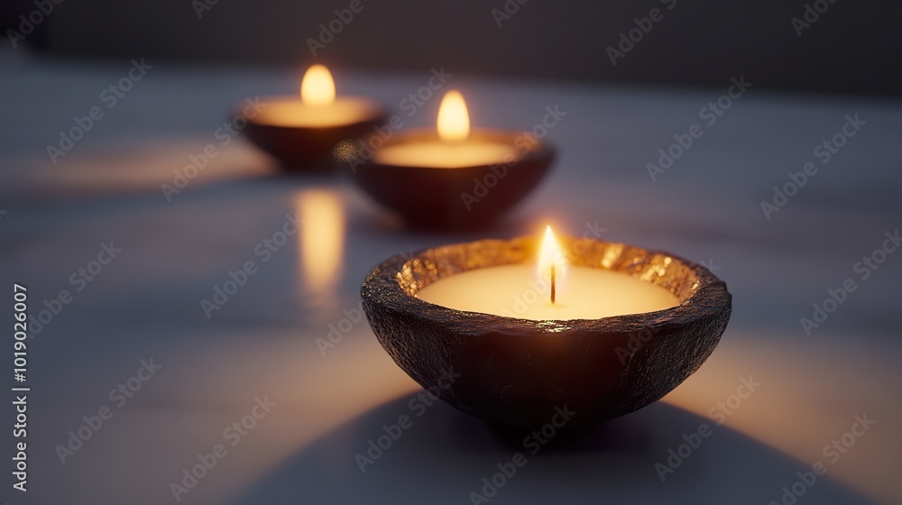 Poster creepy floating candles with dim light casting shadows on a white background