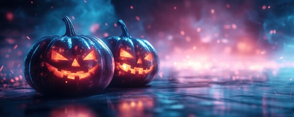 Synthwave inspired Halloween banner with pumpkins and geometric shapes, futuristic style, copy space. Retro futurism, 80s nostalgia, cyberpunk aesthetic