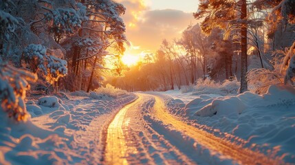 Beautiful winter road in natural sunny park. Winter forest landscape. Beautiful snowy scenery in the park. Seasonal changes and cold weather. Natural background with snow-covered trees.