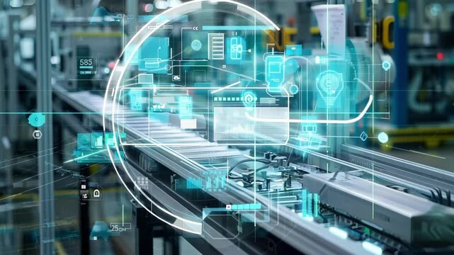 Conveyor belt transporting a control unit in a factory setting, enhanced with augmented reality showcasing cloud computing and automation. This represents innovative production processes