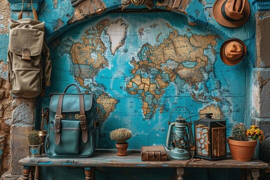 A travel adventure collage with exotic destination photos and map templates.