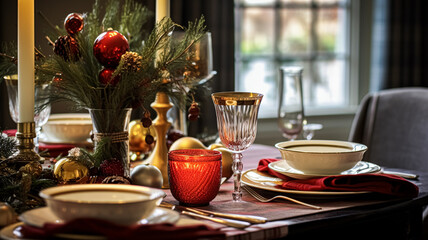 Fototapeta premium Christmas holiday family breakfast, table setting decor and festive tablescape, English country and home styling inspiration