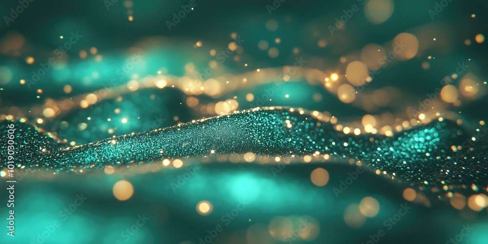 Aufkleber a shimmering green abstract background with sparkling lights and wavy textures.