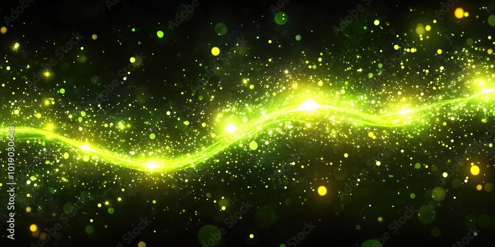 Poster a shimmering green abstract background with glowing particles and a wavy design.