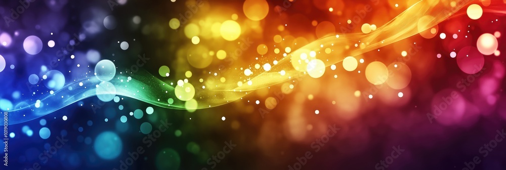 Poster a vibrant abstract background featuring wavy lines and shimmering bokeh effects in rainbow colors.