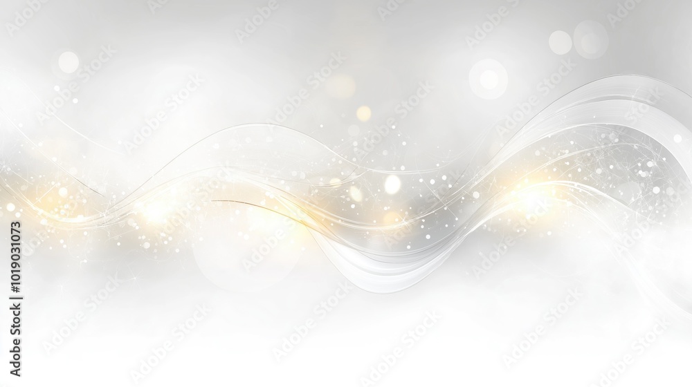 Poster a shimmering abstract background with wavy silver lines and soft glowing lights.