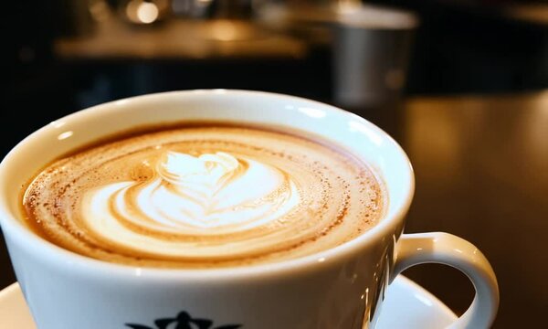 Professional coffee maker with cappuccino latte cup and frothed milk
