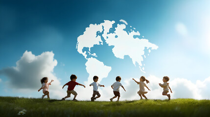 A whimsical representation of children from around the world playing together. Global friendships.


