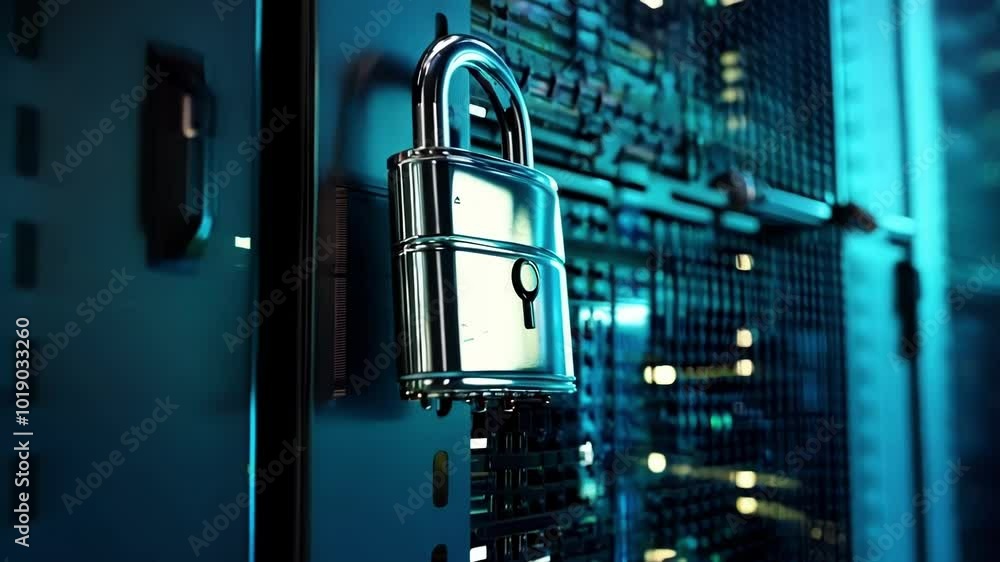 Poster shining padlock is attached to a server rack in a data center, representing data security and protec