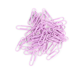 Heap of lilac paper clips on white background