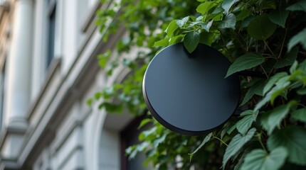 blank, dark gray, circular sign mounted on the side of a light gray building