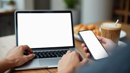 Close-up shot of a person's hands using a laptop with a blank white screen and holding a smartphone
