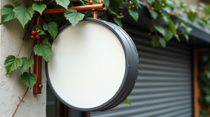 close-up shot of blank circular storefront sign with white face and dark gray border
