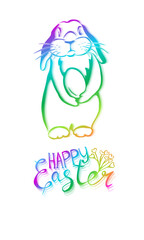 Rabbit banner colored. Happy Easter card. Neon gradient bunny with egg. hand drawn. Not AI, Vector illustration.