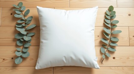 plain white square pillow on a light brown wood floor
