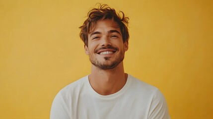 Fototapeta premium A handsome man smiling in a white t-shirt against a yellow background