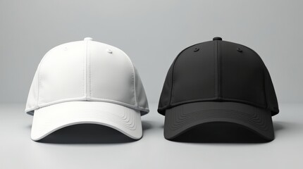 Two blank baseball caps, one white and one black, positioned side-by-side on gray background