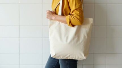 woman wearing a mustard yellow blouse and dark denim jeans stands against a white tiled wall