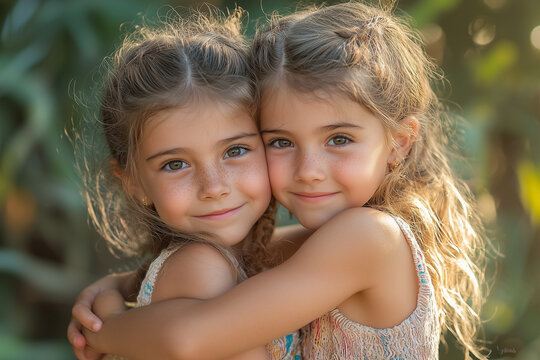 two identical twin sisters, girls twins - Powered by Adobe