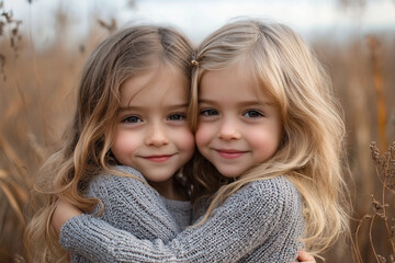 girls twin sisters hugging each other