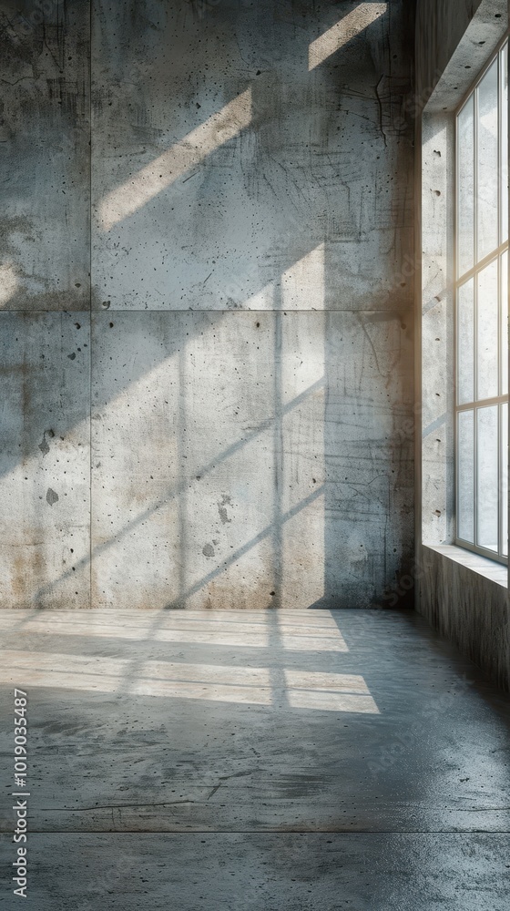 Aufkleber an empty minimalist room with concrete walls and floor illuminated by sunlight creating shadows